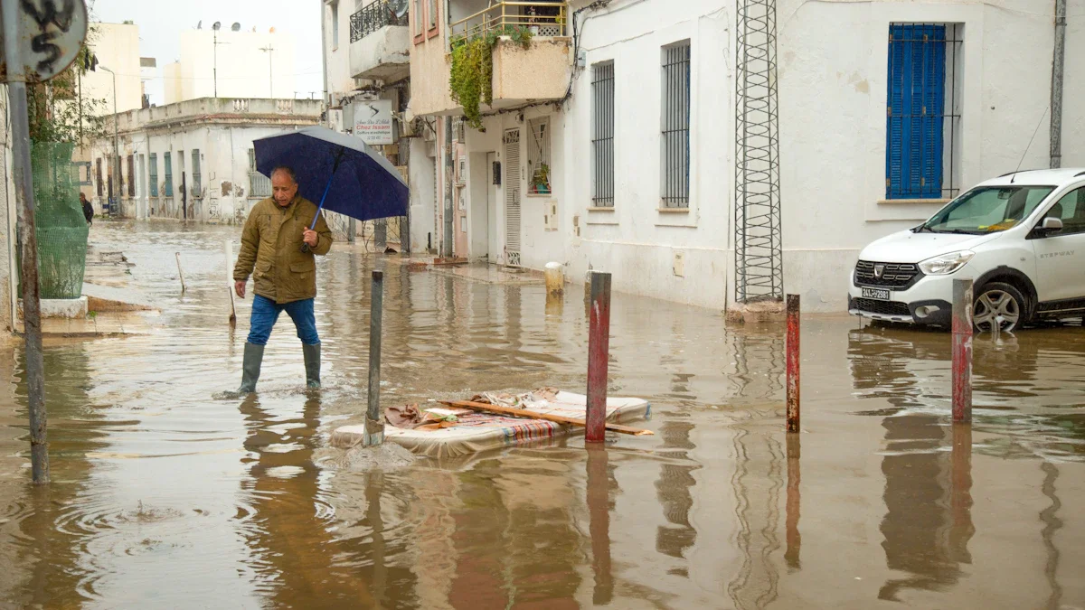 Un homme marche avec un parapluie dans une rue fortement inondée, un matelas flottant à la surface de l'eau