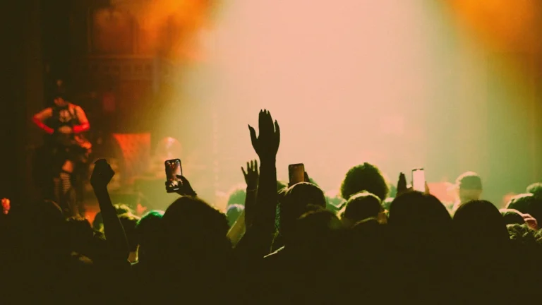 Foule de spectateurs assistant à un concert, levant les bras et filmant avec leurs téléphones dans une ambiance lumineuse.
