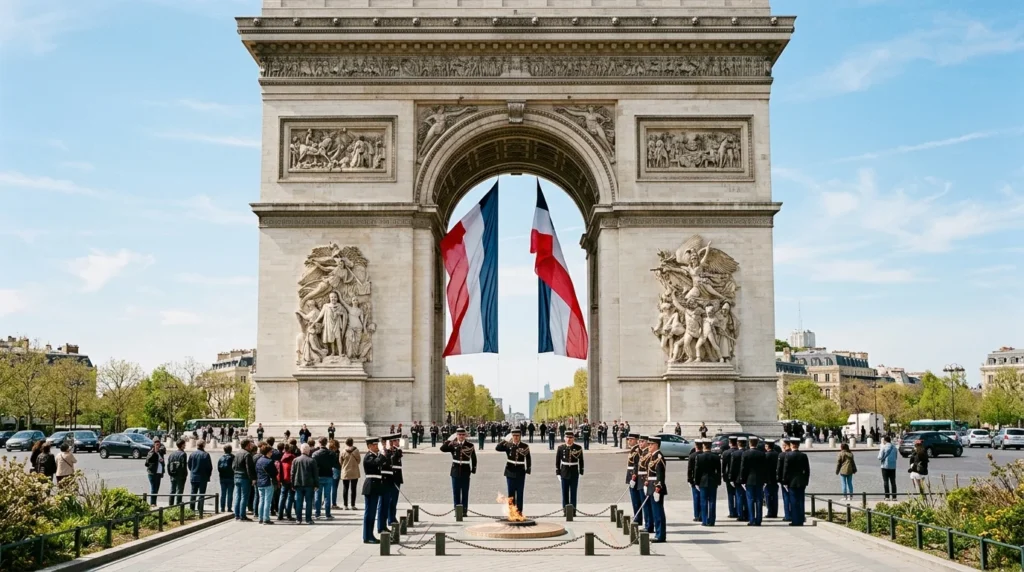 Militaires en uniforme saluant devant l'Arc de Triomphe orné de deux grands drapeaux tricolores.