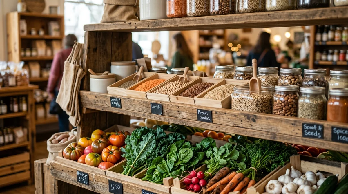 Étals en bois remplis de bocaux de légumineuses, de légumes frais et d'épices dans l'épicerie.
