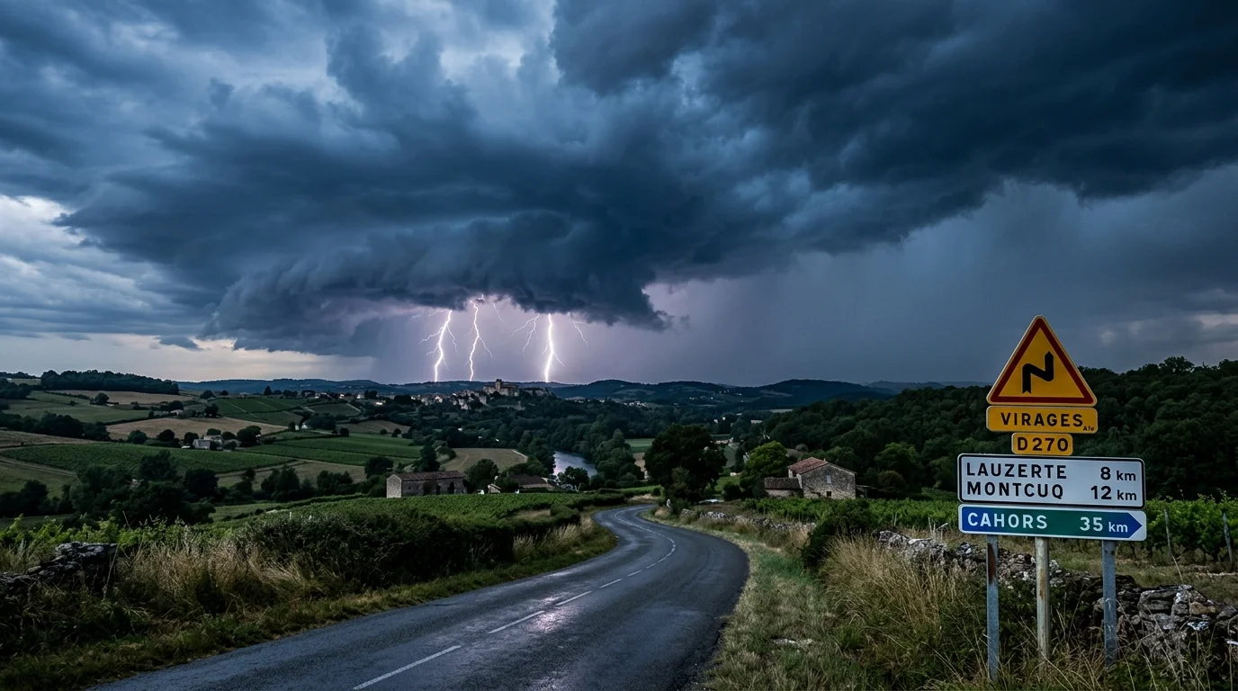 Route sinueuse de campagne sous un ciel d'orage spectaculaire avec plusieurs éclairs à l'horizon.