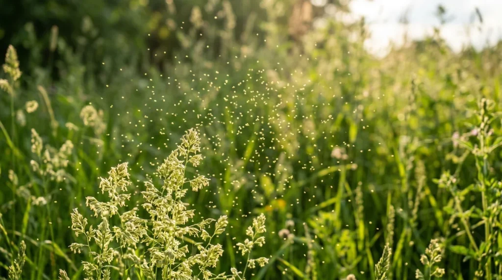 Un essaim de moucherons volant au-dessus de hautes herbes dans un champ ensoleillé.