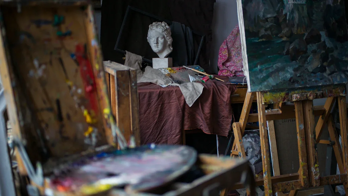 Un atelier d'artiste lumineux avec de grandes fenêtres donnant sur une église et des toits européens.