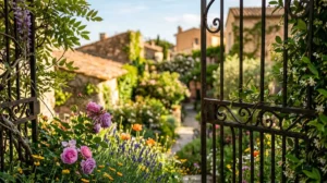 Un portail en fer forgé ouvre sur un jardin fleuri avec maisons en pierre.