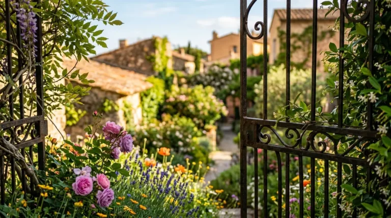 Un portail en fer forgé ouvre sur un jardin fleuri avec maisons en pierre.
