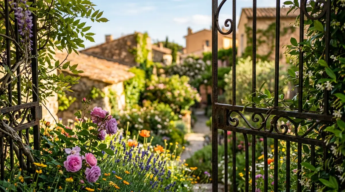 Un portail en fer forgé ouvre sur un jardin fleuri avec maisons en pierre.