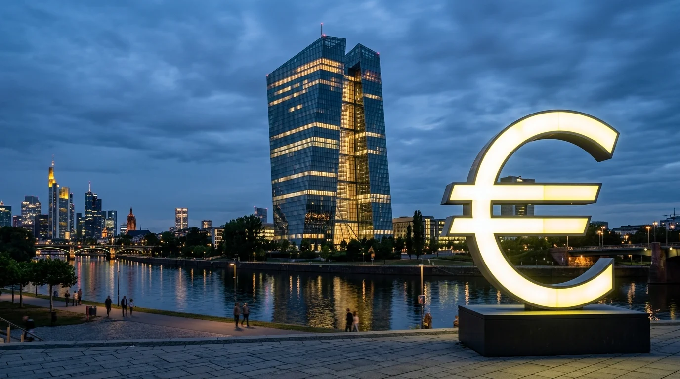Symbole de l'euro illuminé au premier plan devant le bâtiment de la BCE à Francfort.