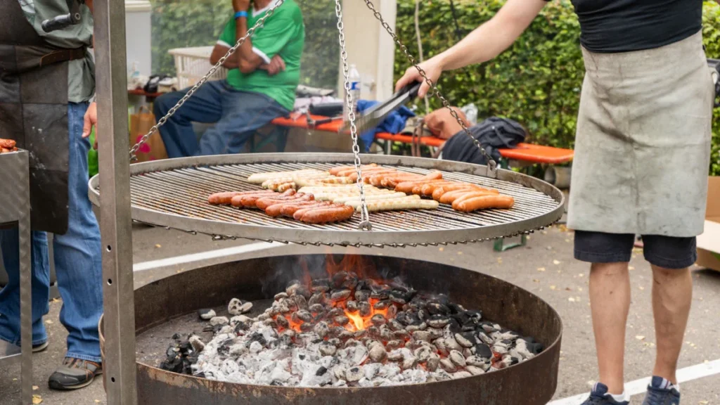 Saucisses en train de cuire sur une grande grille circulaire lors d'un événement en plein air.