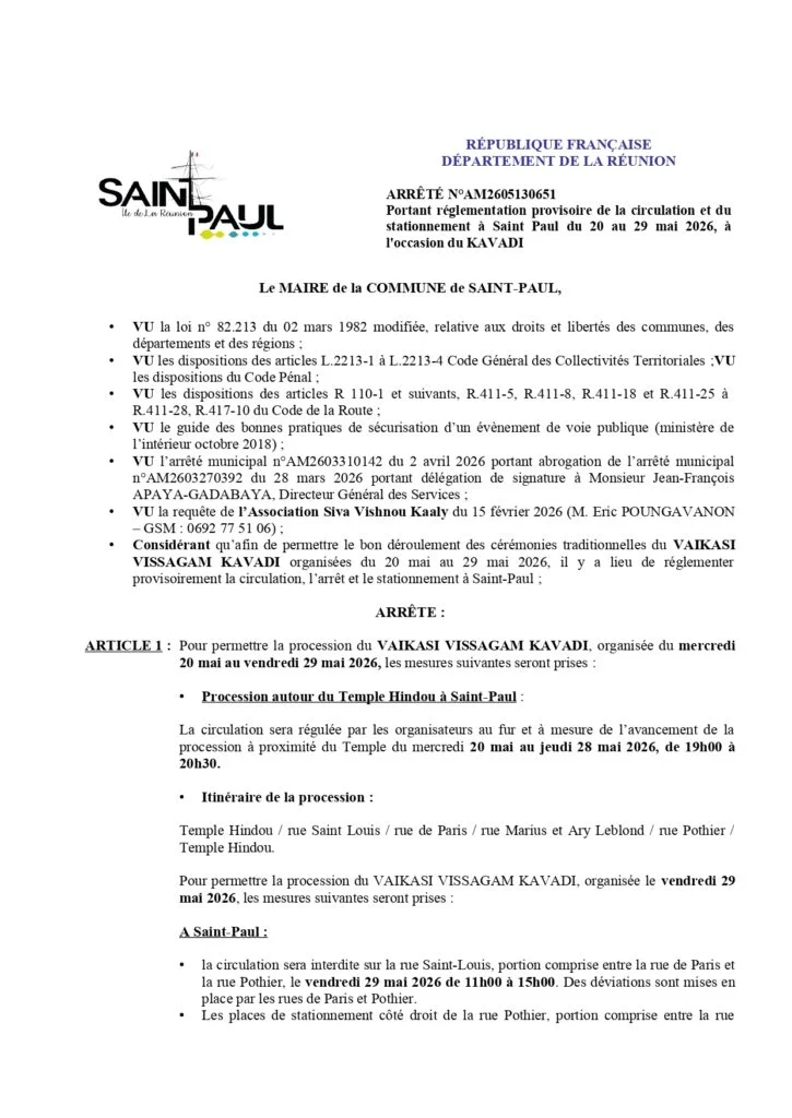 Cavadee à Saint-Paul : les rues fermées et les parkings interdits ce vendredi
