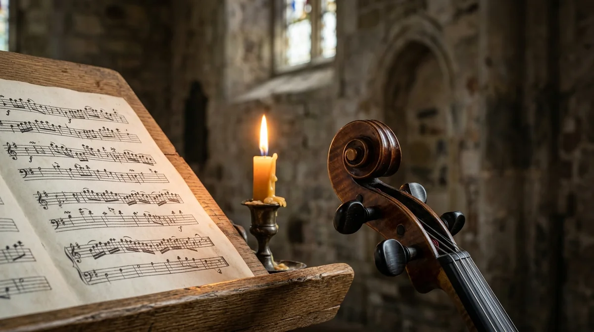Une partition musicale sur un pupitre avec une bougie allumée près d'un violoncelle.