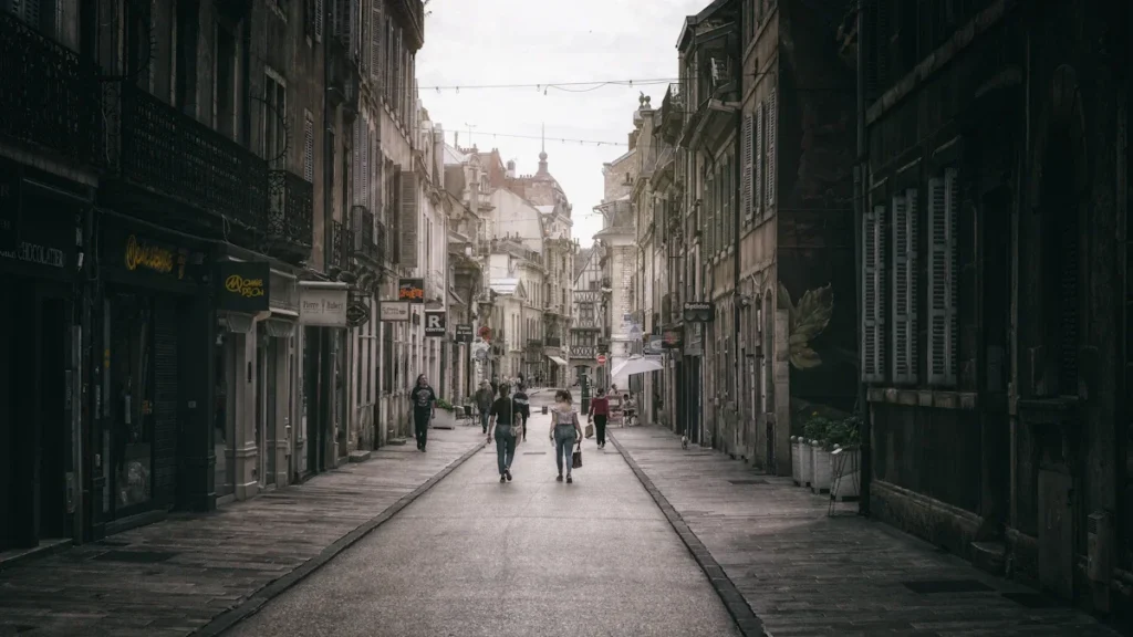 Une rue piétonne historique du centre-ville de Dijon avec des passants sous un ciel couvert.