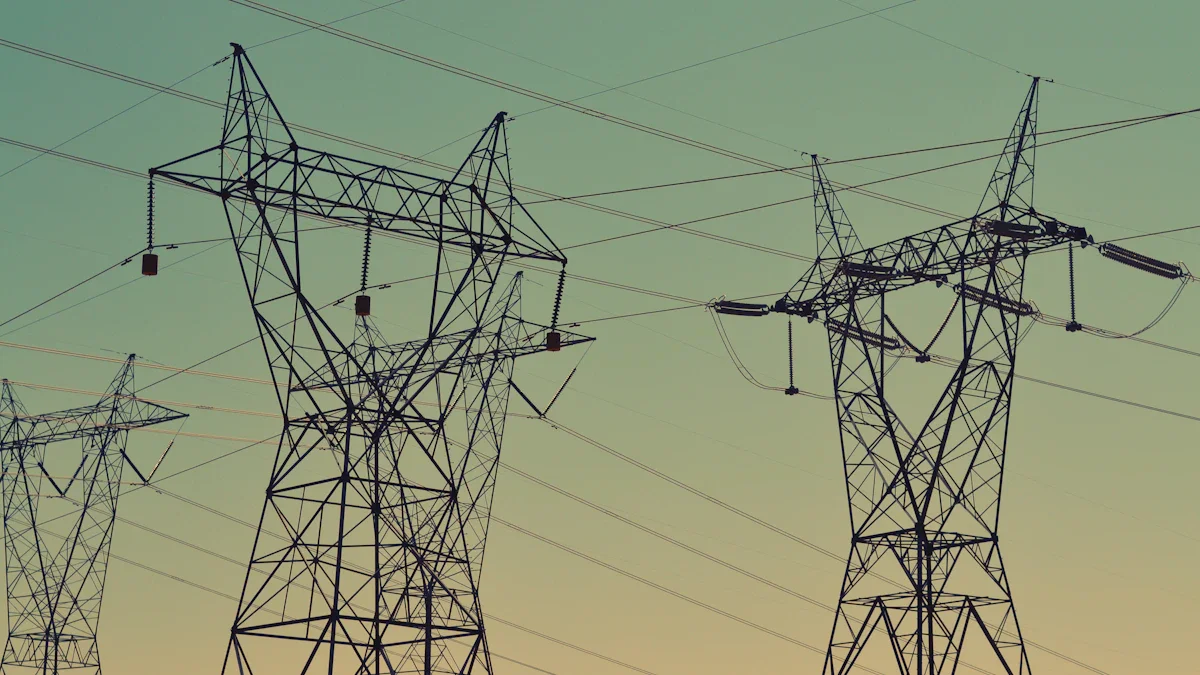 Plusieurs pylônes électriques à haute tension sous un ciel dégradé de vert et de jaune.