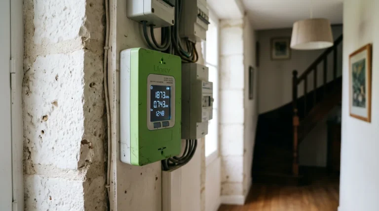 Compteur électrique intelligent vert Linky installé sur un mur en pierre à l'intérieur d'une maison.