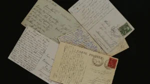 Collection de cartes postales anciennes avec écritures manuscrites, illustrant les trésors historiques conservés aux archives.