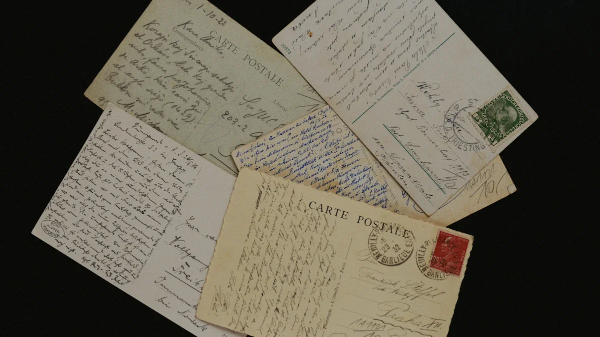 Collection de cartes postales anciennes avec écritures manuscrites, illustrant les trésors historiques conservés aux archives.