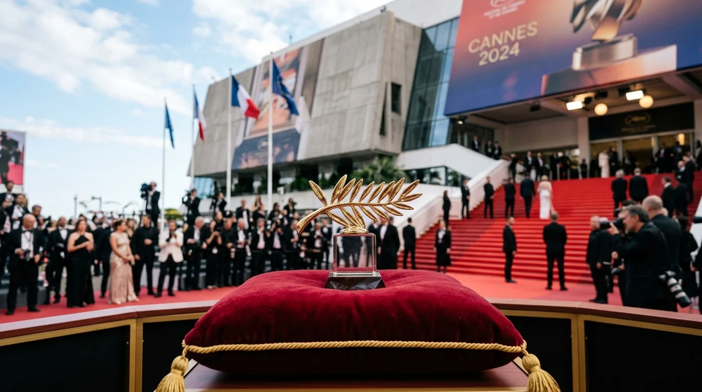 Palme d'Or dorée sur un coussin rouge devant le Palais des Festivals de Cannes.