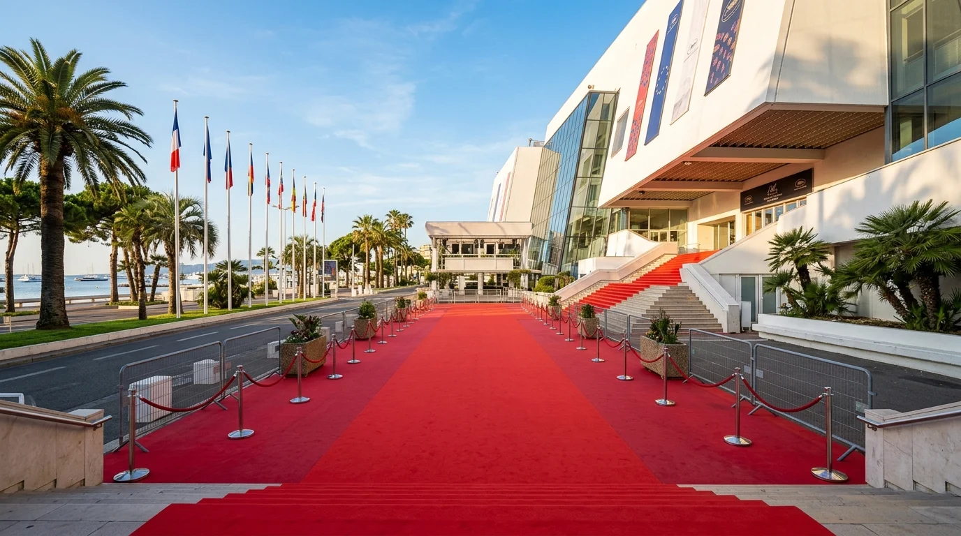 Long tapis rouge s'étendant devant le Palais des Festivals à Cannes sous un ciel bleu dégagé.