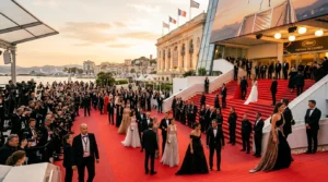 Célébrités en tenue de gala défilant sur le tapis rouge du Festival de Cannes.