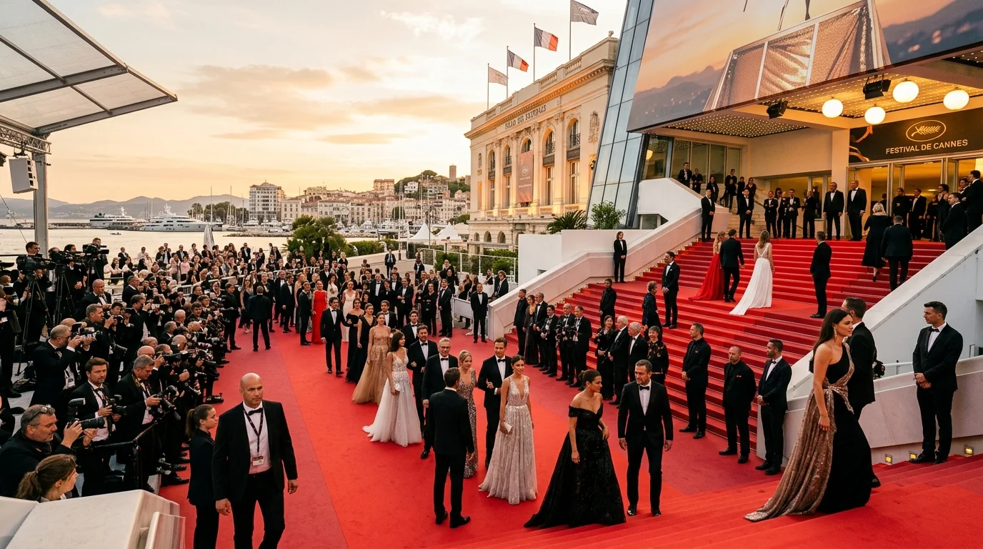 Célébrités en tenue de gala défilant sur le tapis rouge du Festival de Cannes.