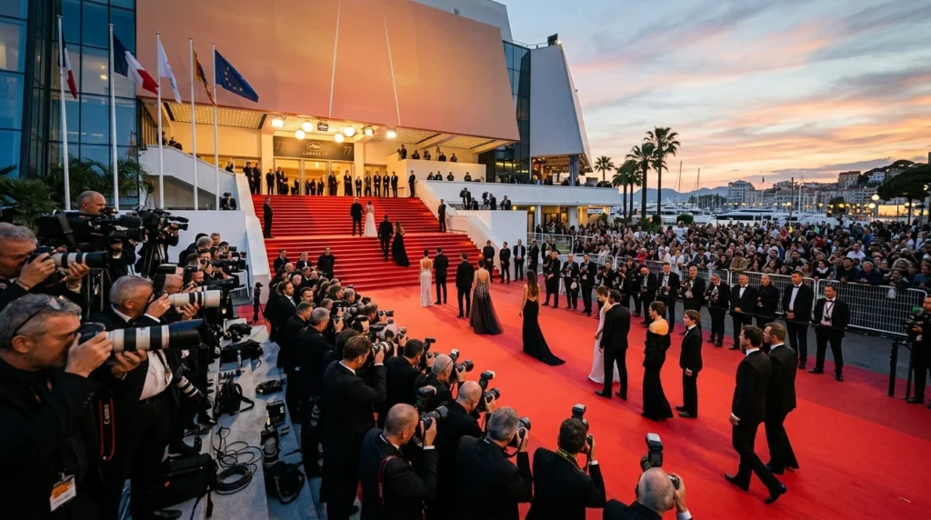 Photographes alignés devant le tapis rouge du Festival de Cannes sous un coucher de soleil.