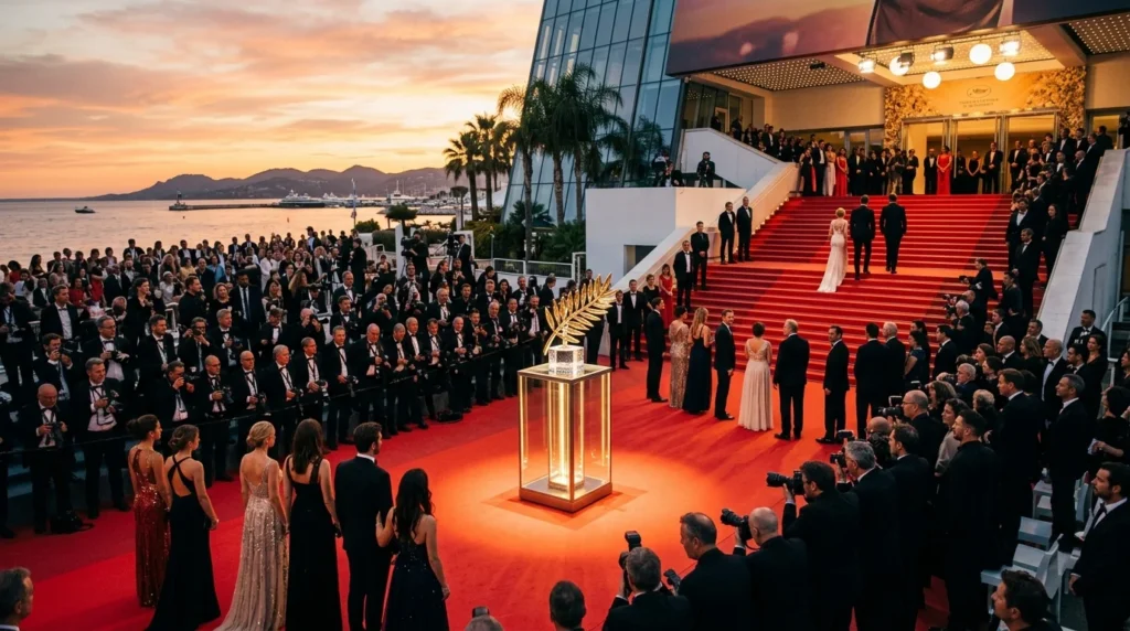 Palme d'Or sur le tapis rouge de Cannes entourée de photographes au coucher du soleil.