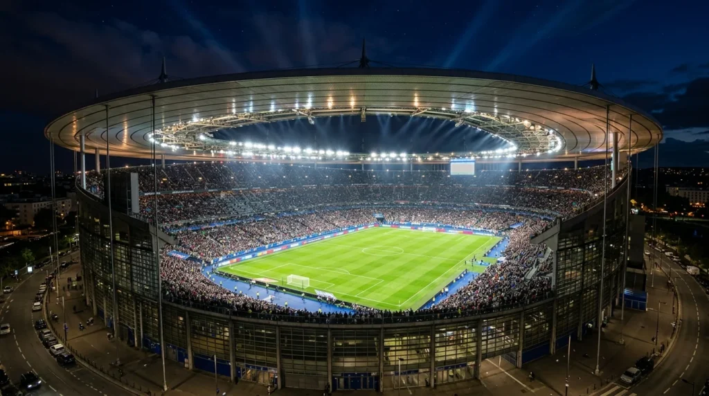 Vue aérienne nocturne d'un grand stade de football circulaire illuminé et rempli de nombreux spectateurs.
