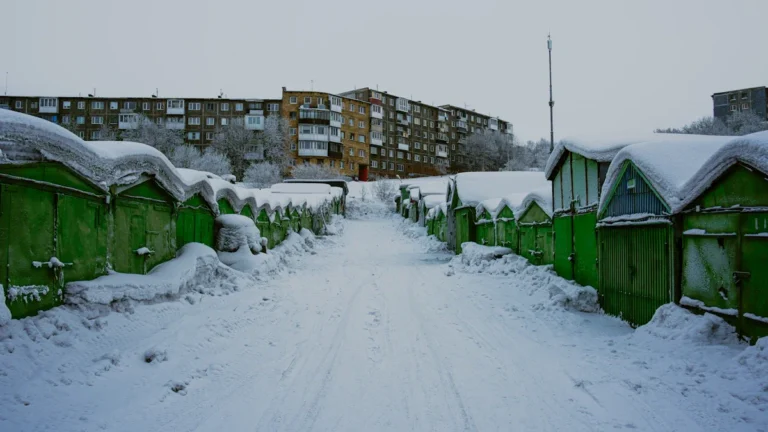 Une rangée de garages métalliques verts sous la neige devant des barres d'immeubles en Lituanie.