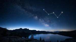 Ciel nocturne étoilé sur des montagnes et un lac, illustrant une constellation reliée par des traits.