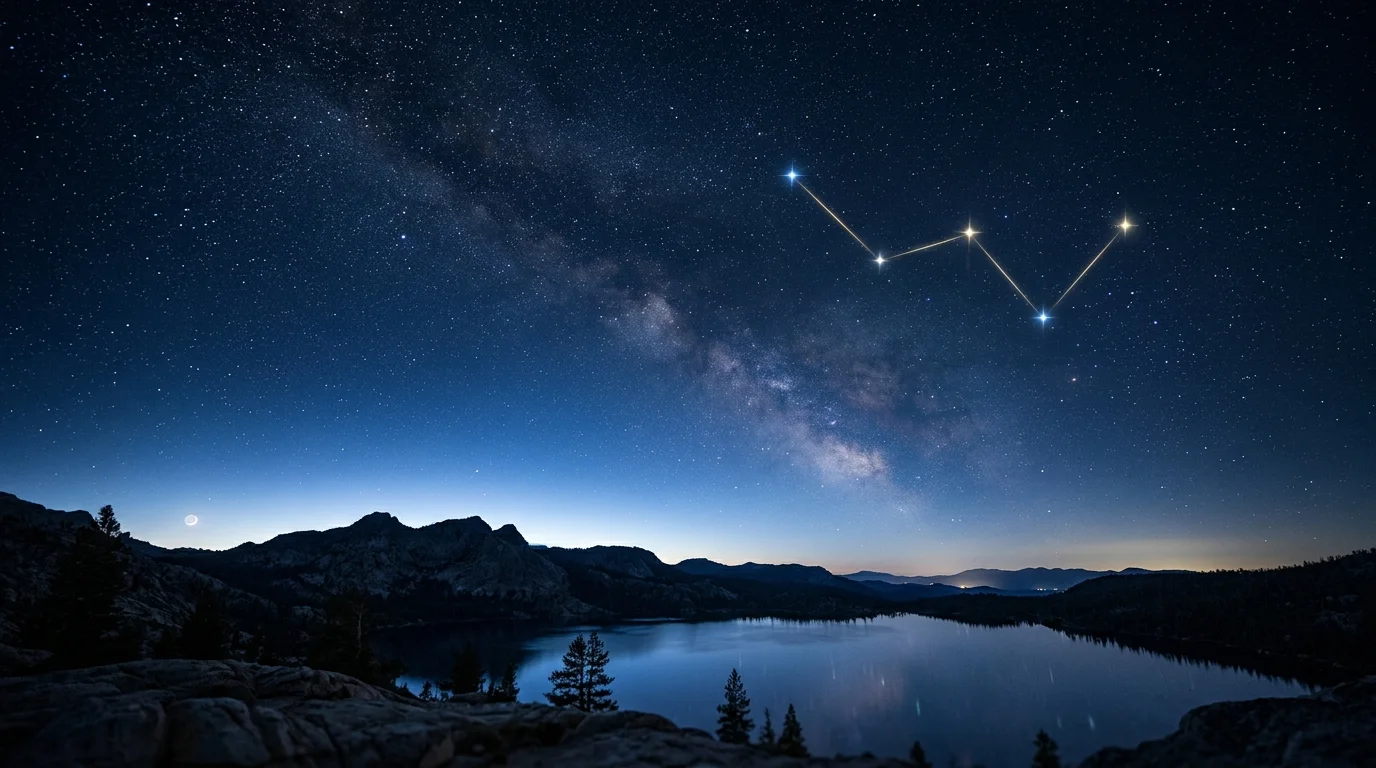 Ciel nocturne étoilé sur des montagnes et un lac, illustrant une constellation reliée par des traits.