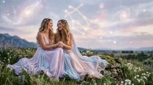 Deux femmes blondes en robes pastel souriant sous un ciel nocturne avec la constellation des Gémeaux.