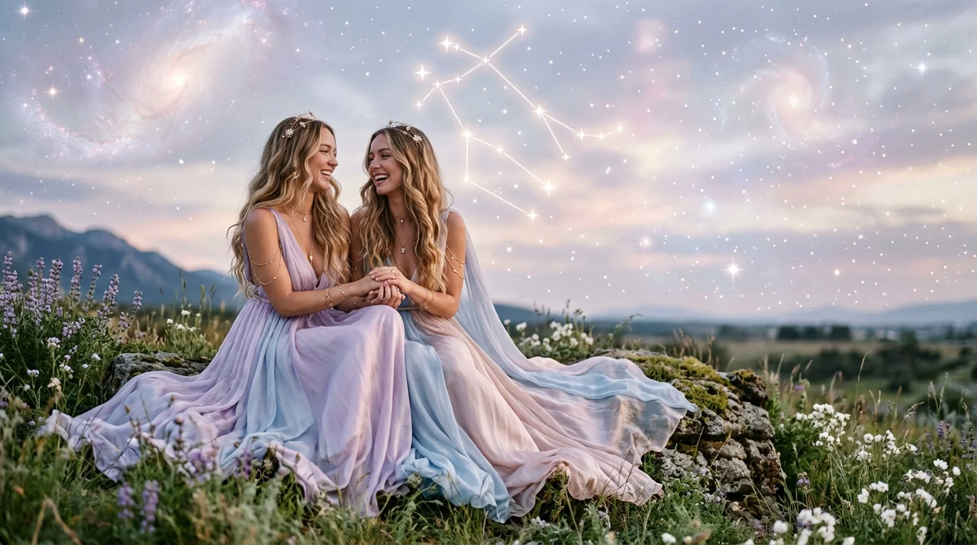 Deux femmes blondes en robes pastel souriant sous un ciel nocturne avec la constellation des Gémeaux.