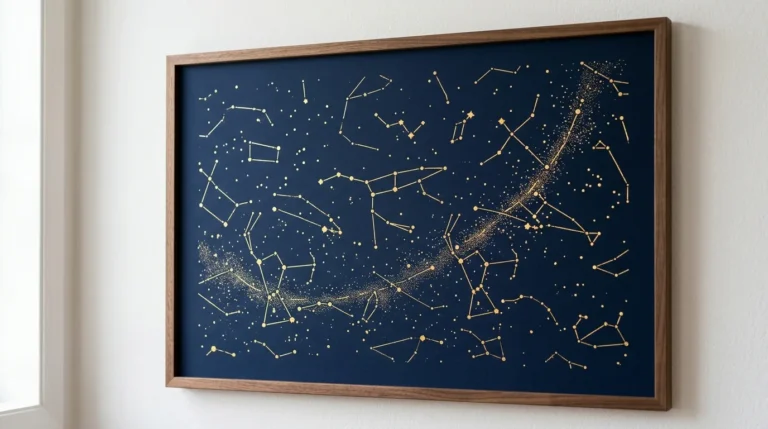 Carte stellaire dorée avec constellations sur fond bleu foncé, encadrée dans du bois clair.