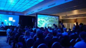 Une conférence sur le gaming et la technologie avec un public attentif devant un grand écran.