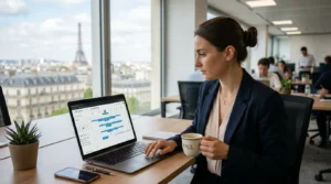 Une femme en costume regarde un calendrier sur son ordinateur portable dans un bureau à Paris.