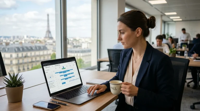 Une femme en costume regarde un calendrier sur son ordinateur portable dans un bureau à Paris.