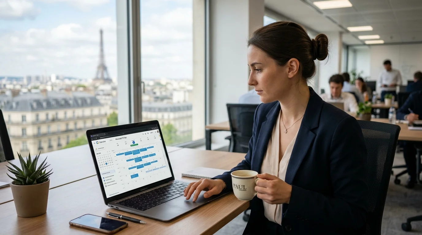 Une femme en costume regarde un calendrier sur son ordinateur portable dans un bureau à Paris.