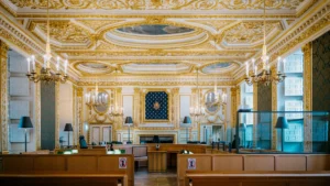 Intérieur d'une salle d'audience solennelle d'une cour d'assises française avec dorures et boiseries.
