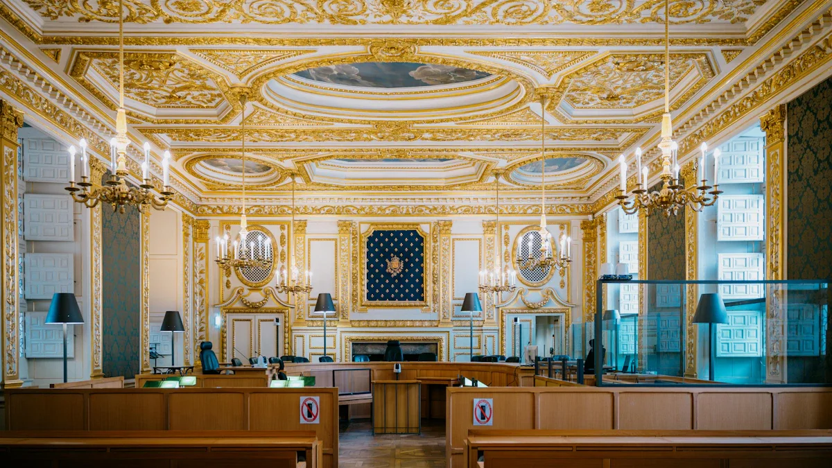 Intérieur d'une salle d'audience solennelle d'une cour d'assises française avec dorures et boiseries.