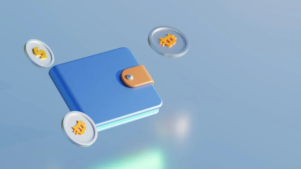 Illustration 3D d'un portefeuille numérique bleu flottant avec des pièces symbolisant la finance digitale.