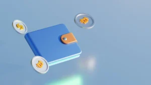 Illustration 3D d'un portefeuille numérique bleu flottant avec des pièces symbolisant la finance digitale.