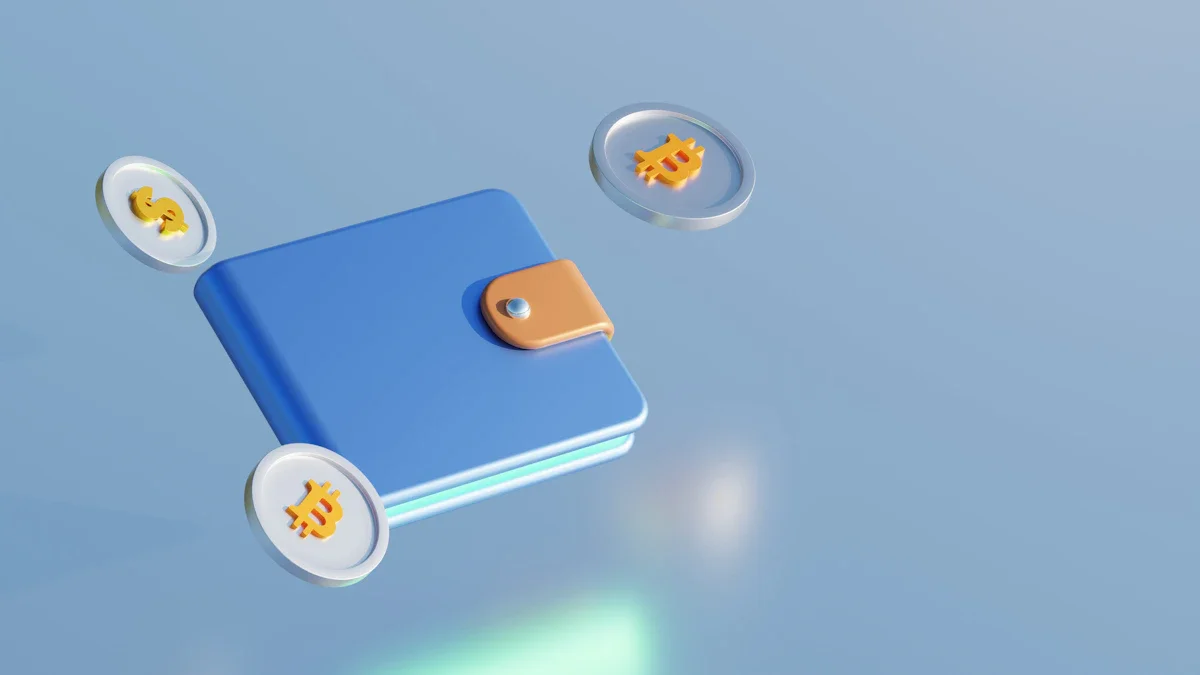 Illustration 3D d'un portefeuille numérique bleu flottant avec des pièces symbolisant la finance digitale.
