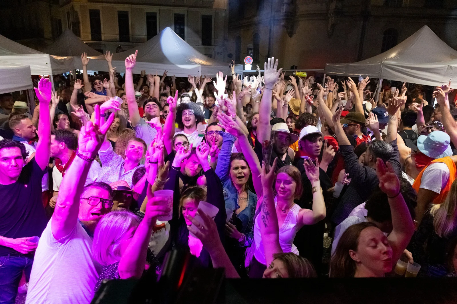 Une foule joyeuse danse bras levés sous des lumières violettes lors d'un festival nocturne.