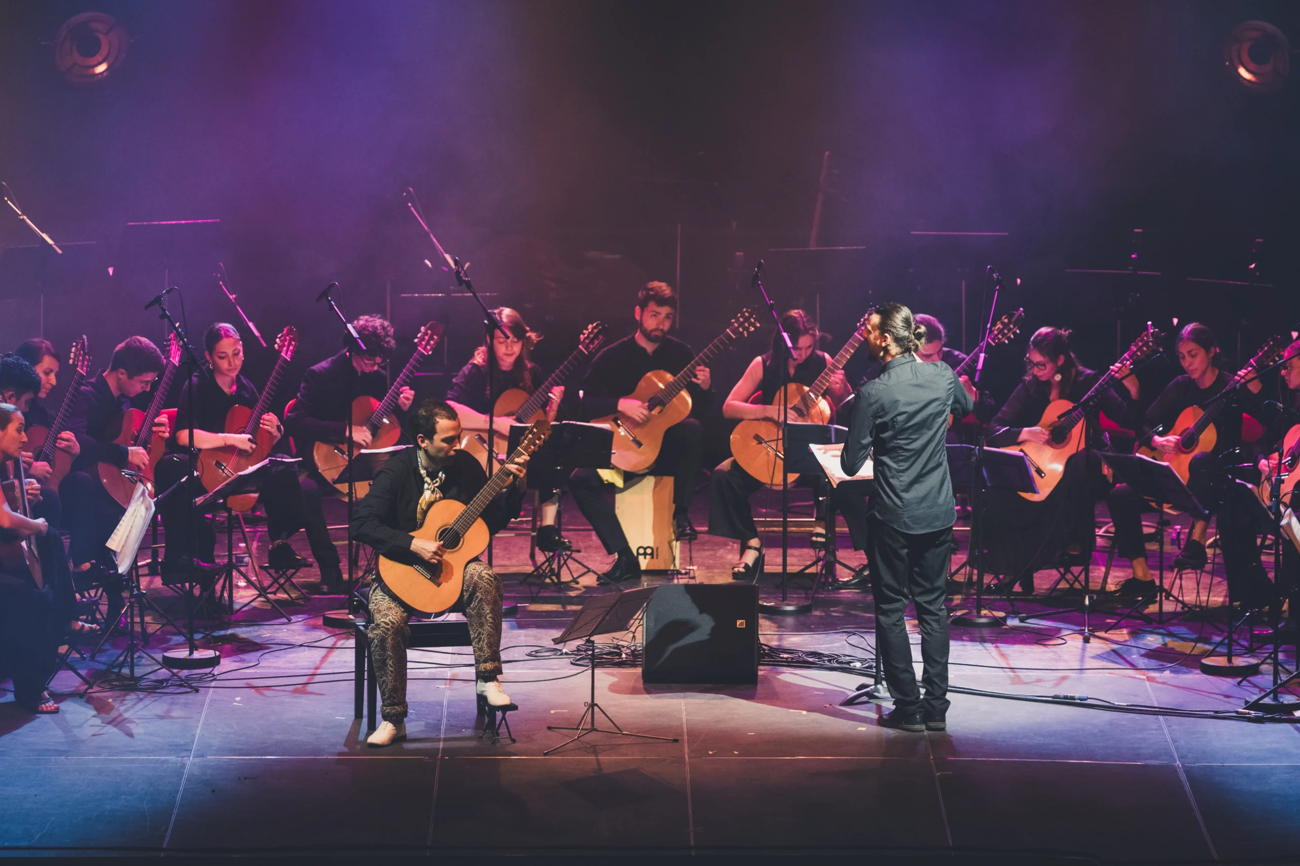Un orchestre de guitares acoustiques jouant sur scène sous un éclairage tamisé violet et rose.
