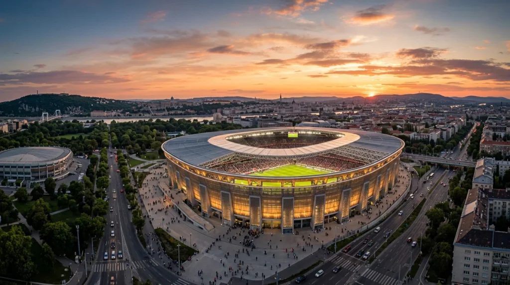 Vue aérienne d'un stade moderne illuminé au coucher du soleil dans un paysage urbain dense.