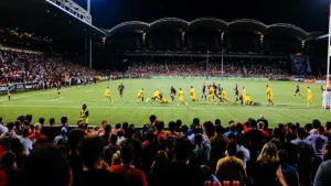 Un grand stade de football français illuminé de nuit lors d'un match caritatif devant une foule nombreuse.
