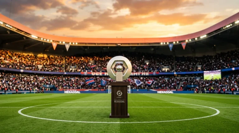 Trophée Hexagoal de Ligue 1 au centre d'un terrain de football dans un stade comble.