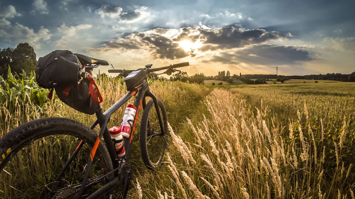 Vélo équipé pour le voyage stationné dans un champ au coucher du soleil.