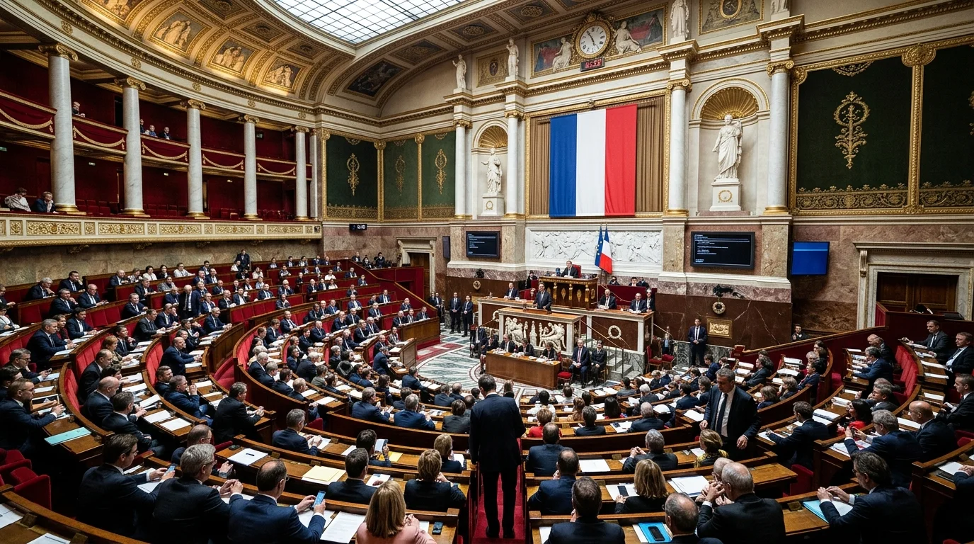 Hémicycle de l'Assemblée nationale française rempli de députés lors d'un débat législatif officiel.