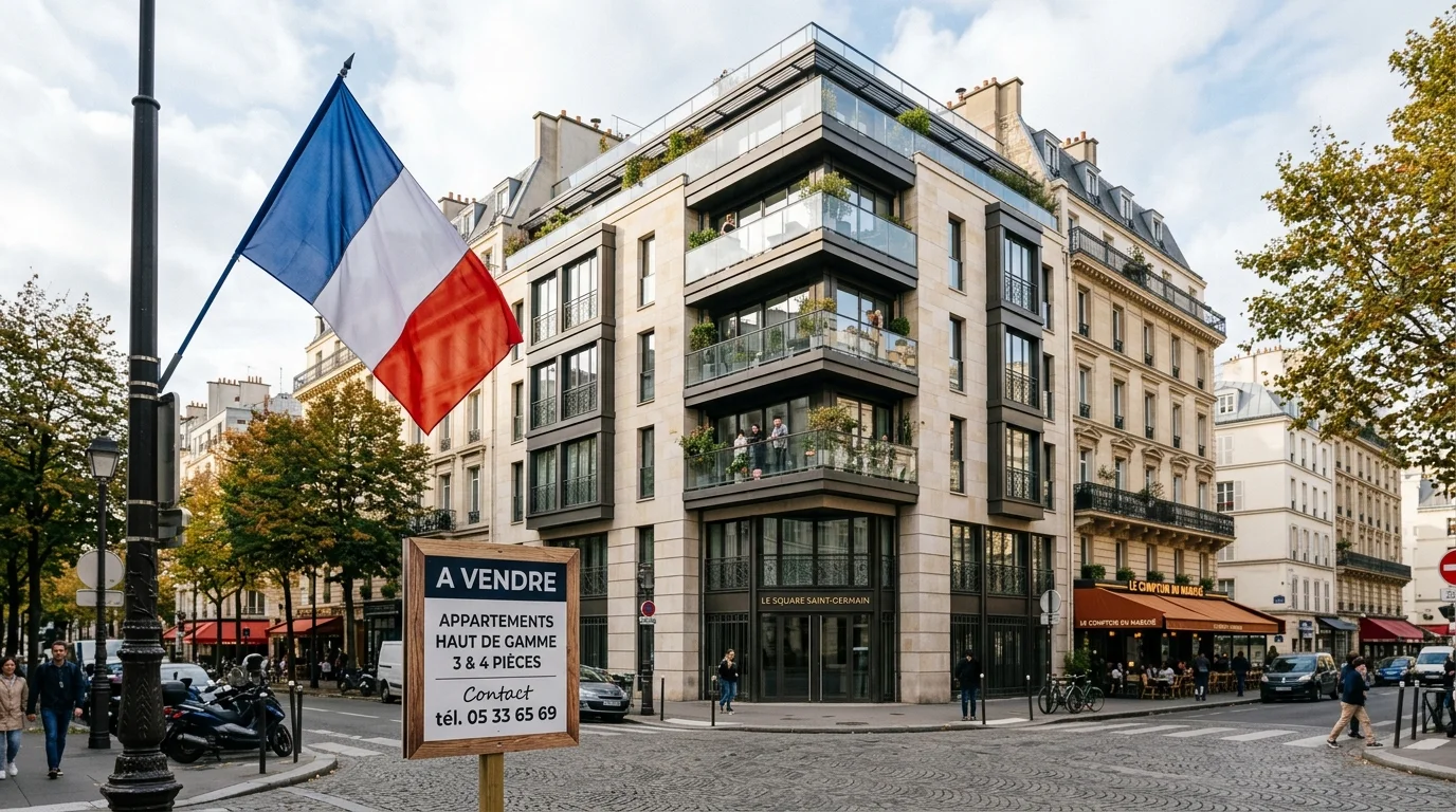 Immeuble résidentiel moderne avec drapeau français et panneau de vente d'appartements de haut de gamme.