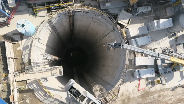 Vue aérienne d'un puits de chantier circulaire profond pour le passage du tunnelier à Toulouse.